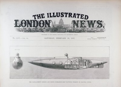 El submarino Nautilus de hundimiento y elevación por desplazamiento, funcionando con energía eléctrica, de The Illustrated London News, 26 de febrero de 1887 de English School