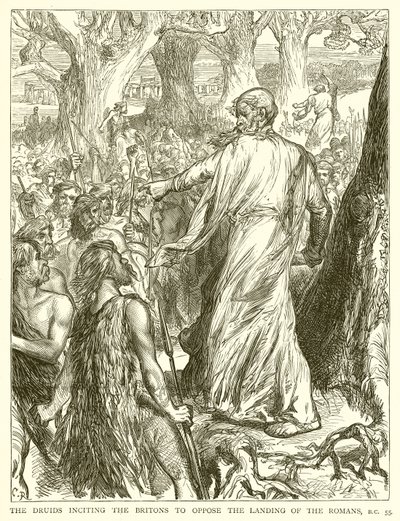 Los Druidas incitando a los Britanos a Oponerse al Desembarco de los Romanos, 55 a.C. de English School
