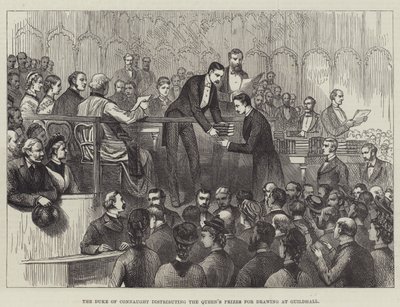 El Duque de Connaught distribuyendo los Premios de la Reina para Dibujo en Guildhall de English School
