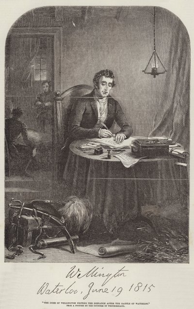 El Duque de Wellington escribiendo el despacho después de Waterloo (grabado) de English School