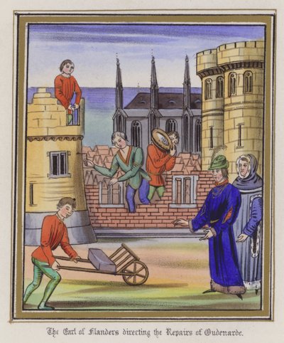 El Conde de Flandes dirigiendo las reparaciones de Oudenarde (grabado en color) de English School