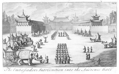 La Introducción de los Embajadores en la Sala de Audiencias: recepción en el palacio imperial chino en Beijing para la embajada del Zar Pedro el Grande liderada por Evert Isbrandz. Ides, de Tres Años de Viajes desde Mo de English School