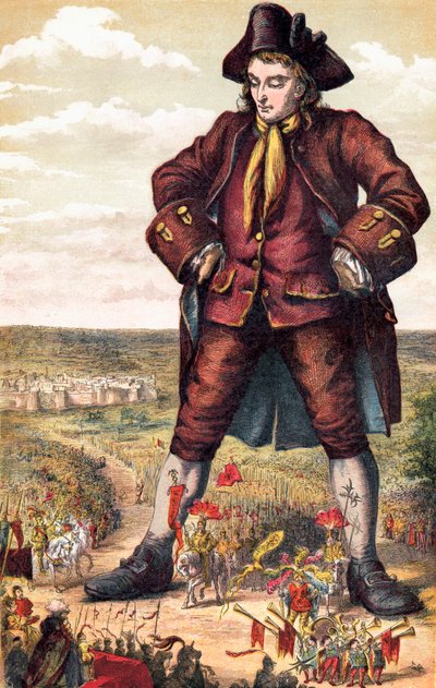 El emperador de Liliput y su ejército marchando entre las piernas de Gulliver, de "Los viajes de Gulliver", de Jonathan Swift, publicado hacia 1880 (litografía en color) de English School