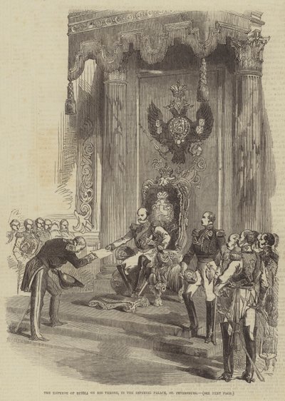 El Emperador de Rusia en su Trono, en el Palacio Imperial, San Petersburgo (grabado) de English School