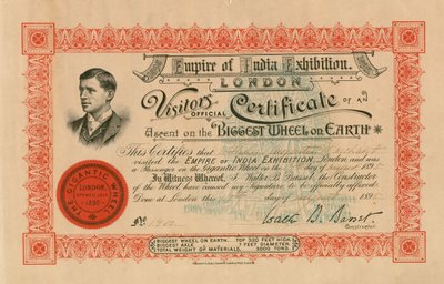 La Exposición del Imperio de la India, Londres, certificado oficial de visitantes de un ascenso en la Rueda Más Grande del Mundo; la Gran Rueda, Earls Court de English School