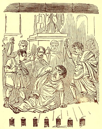 El fin de Julio César, ilustración de La Historia Cómica de Roma de Gilbert Abbott a Beckett, publicada c.1850 de English School