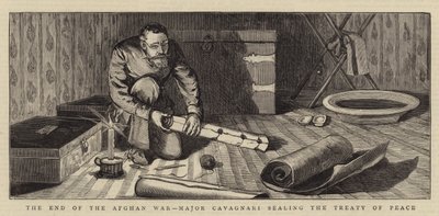 El Fin de la Guerra Afgana, el Mayor Cavagnari sellando el Tratado de Paz (grabado) de English School