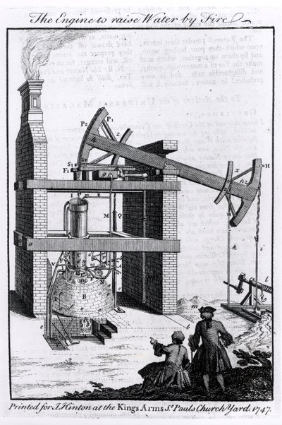 El motor para elevar agua por fuego, un diagrama del motor de vapor de Newcomen para la Universal Magazine, 1747 de English School