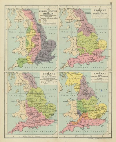 La Conquista Inglesa de Gran Bretaña. Inglaterra en el siglo VIII. Inglaterra en el Tratado de Wedmore o Chippenham (litografía en color). de English School