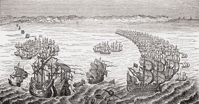 La flota inglesa, comandada por Sir Francis Drake, atacando la Armada Española en 1588, de 