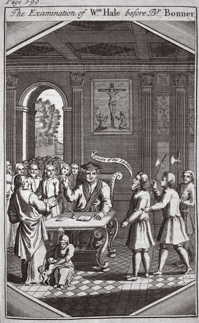 El examen de Wm Hale ante el Obispo Bonner, ilustración de Mártires de Fox c.1703 de English School