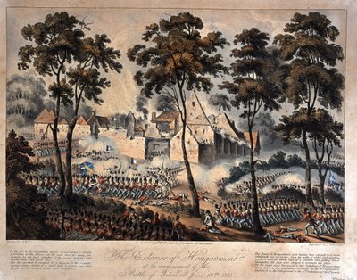 El exterior de Hougoumont al comienzo de la Batalla de Waterloo, 18 de junio de 1815, grabado por T. Sutherland, publicado en 1816 (aguafuerte) de English School