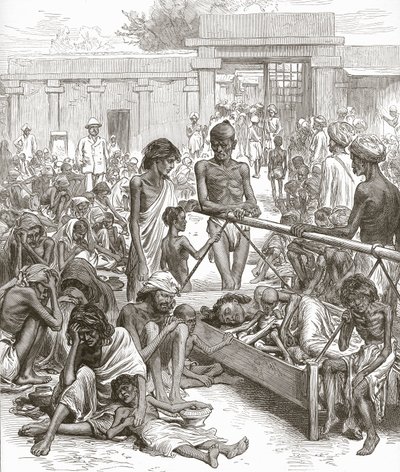 La hambruna en India: Nativos esperando ayuda en Bangalore, octubre 1877 de English School