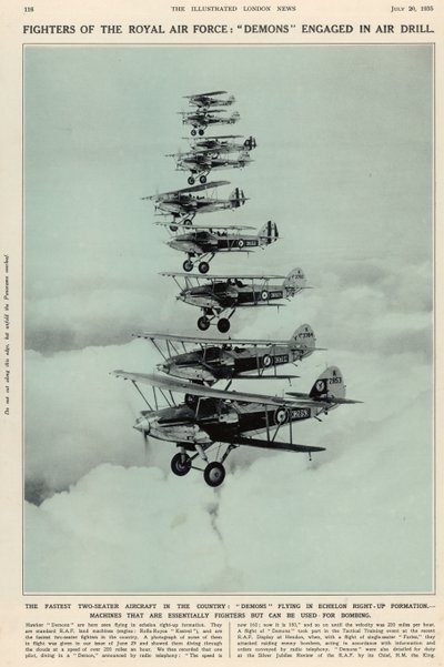 El avión biplaza más rápido del país: Demonios volando en formación de escalón derecho, de The Illustrated London News Royal Naval and Military Number, 20 de julio de 1935 de English School