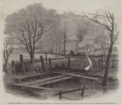 La explosión fatal en la mina principal de St Edmund, Barnsley, zanja cortada al canal Dearne y Dove para inundar la mina (grabado) de English School