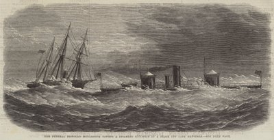 El acorazado federal Monadnock remolcando un cañonero averiado en una tormenta frente al Cabo Hatteras de English School