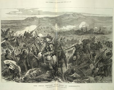 El rechazo final de los zulúes en Ginghilovo, a partir de bocetos proporcionados por el teniente coronel J. North Crealock. Ilustración de 