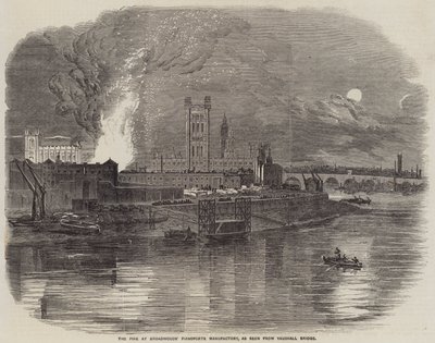 El incendio en la fábrica de pianos de Broadwoods, visto desde el puente de Vauxhall (grabado) de English School