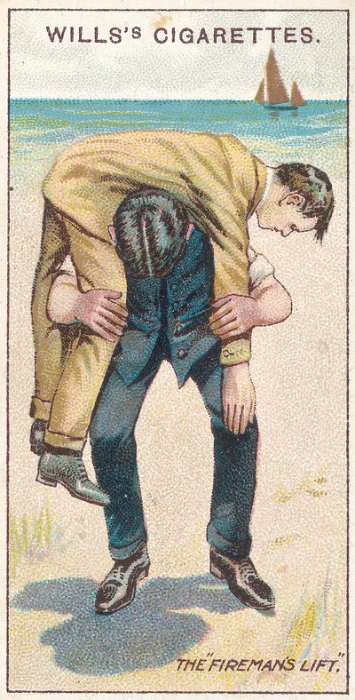 El levantamiento del bombero No.1, no.18 de la serie de primeros auxilios de las tarjetas de cigarrillos de Willss, 1913 de English School