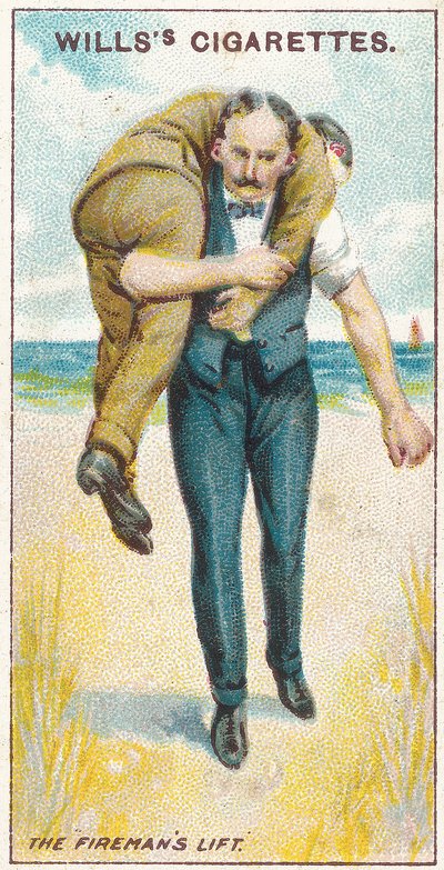 El levantamiento del bombero No.2, no.19 de la serie de primeros auxilios de las tarjetas de cigarrillos de Willss, 1913 de English School