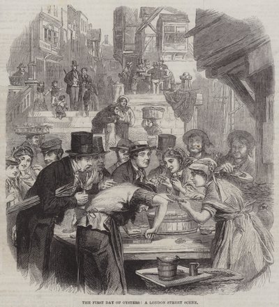 El Primer Día de Ostras, una escena callejera de Londres (grabado) de English School