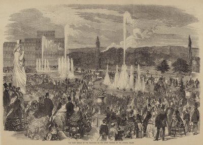 Primera exhibición de las fuentes en la terraza superior del Palacio de Cristal (grabado) de English School