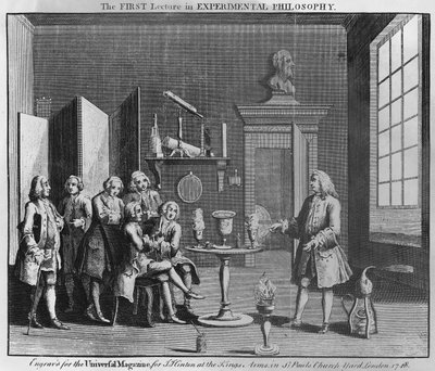 La primera conferencia en Filosofía Experimental, grabado para la Universal Magazine, 1748 de English School