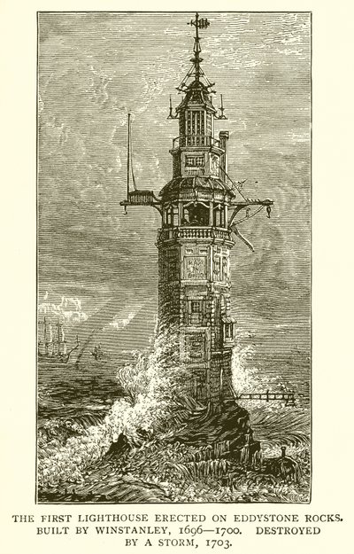 El primer faro erigido en las rocas de Eddystone. Construido por Winstanley, 1696-1700, destruido por una tormenta, 1703 de English School