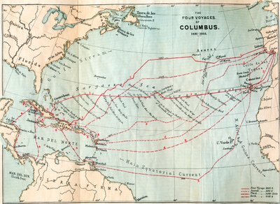 Los cuatro viajes de Cristóbal Colón, de la "Vida de Cristóbal Colón" de Clements R. Markham, publicada en 1892 (litografía en color). de English School