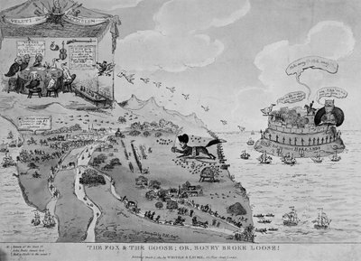 El zorro y el ganso, caricatura de Napoleón (1769-1861) escapando de Elba, 1815 de English School