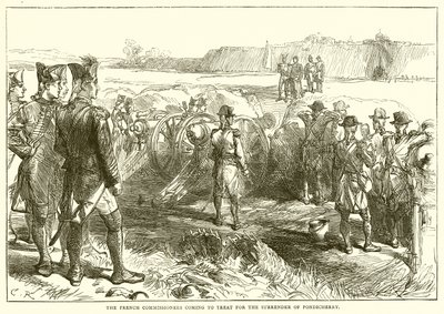 Los comisionados franceses viniendo a negociar la rendición de Pondicherry (1761) de English School