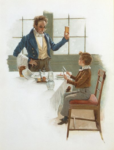 El camarero amigable, ilustración de David Copperfield (1850) por Charles Dickens de English School