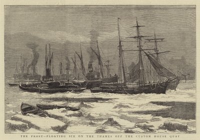 La helada, hielo flotante en el Támesis frente al muelle de la Aduana de English School
