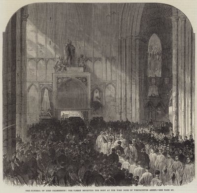 El Funeral de Lord Palmerston, el Clero recibiendo el Cuerpo en la Puerta Oeste de la Abadía de Westminster de English School