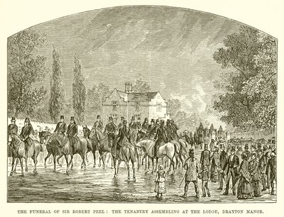 El funeral de Sir Robert Peel: los arrendatarios reuniéndose en el lodge, Drayton Manor de English School