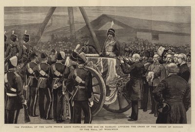 El funeral del difunto Príncipe Luis Napoleón, el Duque de Bassano, fijando la Cruz de la Legión de Honor al féretro, en Woolwich (grabado) de English School