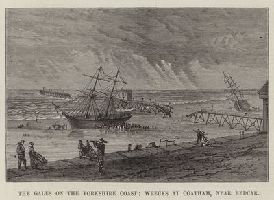 Los temporales en la costa de Yorkshire, naufragios en Coatham, cerca de Redcar (grabado) de English School