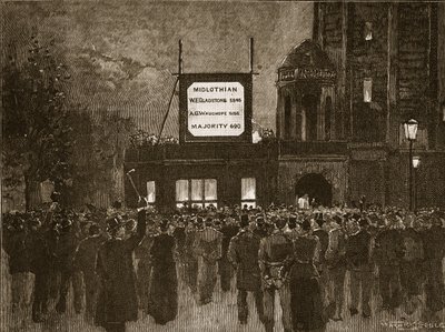 Las elecciones generales de 1892: Anunciando resultados en el National Liberal Club, ilustración de la Historia Ilustrada de Inglaterra de Cassell de English School