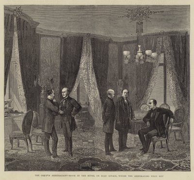 El arbitraje de Ginebra, sala en el Hotel de Beau Rivage, donde se reunieron los árbitros por primera vez (grabado) de English School