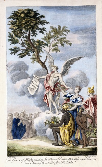 El Genio de la Salud recibiendo a Europa, Asia, África y América y entregándolos al Lector Británico, 1756-1757 de English School