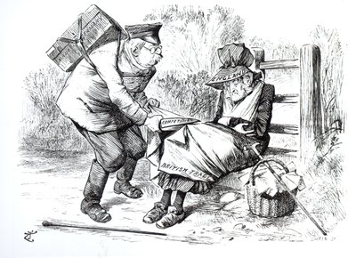 El Viajante Comercial Alemán robando cuotas de mercado del comercio británico, caricatura de Punch, The London Charivari, 5 de septiembre de 1896 de English School