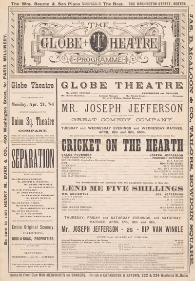 Programa del Teatro Globe, 21 de abril de 1884 de English School