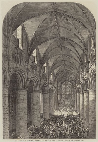 El Festival Musical de Gloucester, la nave de la catedral, mirando al oeste (grabado) de English School