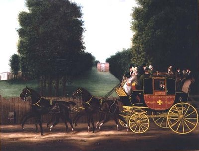 El coche de Godalming y Guildford propiedad de John Kirby Jun con la inscripción "licenciado para llevar seis dentro y 12 fuera" de English School