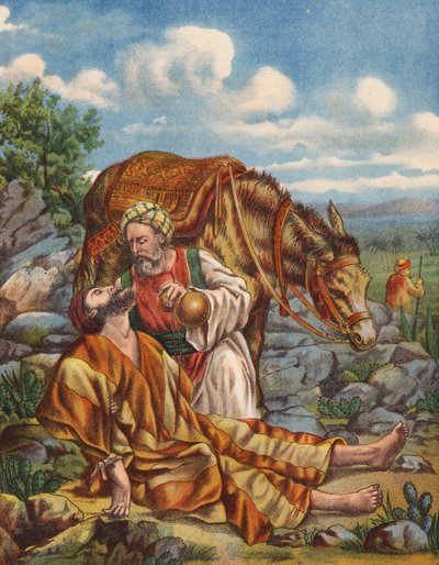 El buen samaritano (litografía en color) de English School