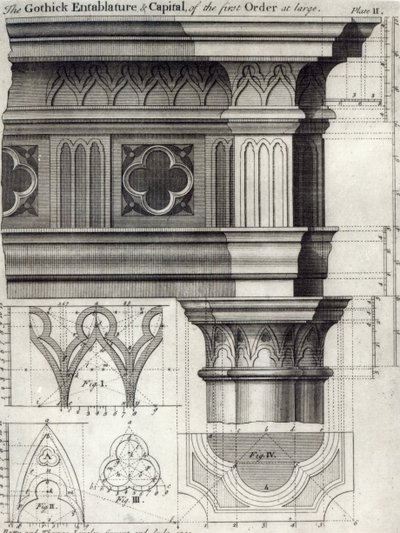 El entablamento gótico y el capitel del primer orden en grande, 1741 de English School