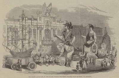 La gran cabalgata de los gigantes pasando el Palacio del Rey, Place de Meir, en Amberes de English School