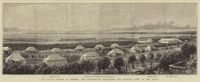 El Gran Durbar en Bombay, la Procesión de Investidura y Vista General de las Carpas (grabado) de English School