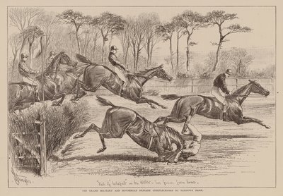 Las grandes carreras de obstáculos de las brigadas militares y domésticas en Sandown Park (grabado) de English School