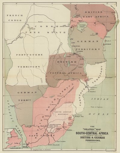 El mapa gráfico de África centro-sur mostrando las posesiones británicas y alemanas de English School